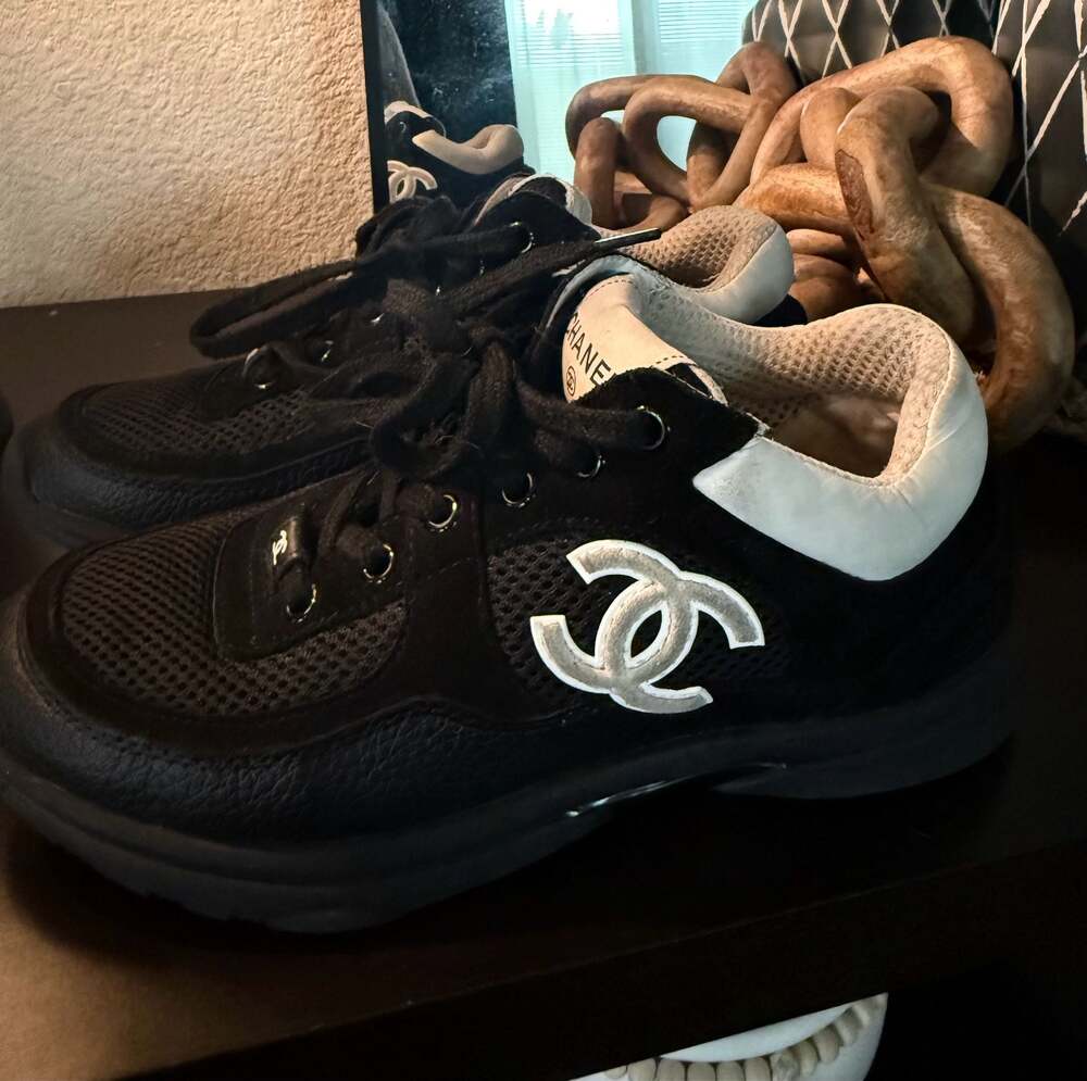 Authentic Chanel CC Logo Mesh and Grained Calfskin Sneakers - Black/White